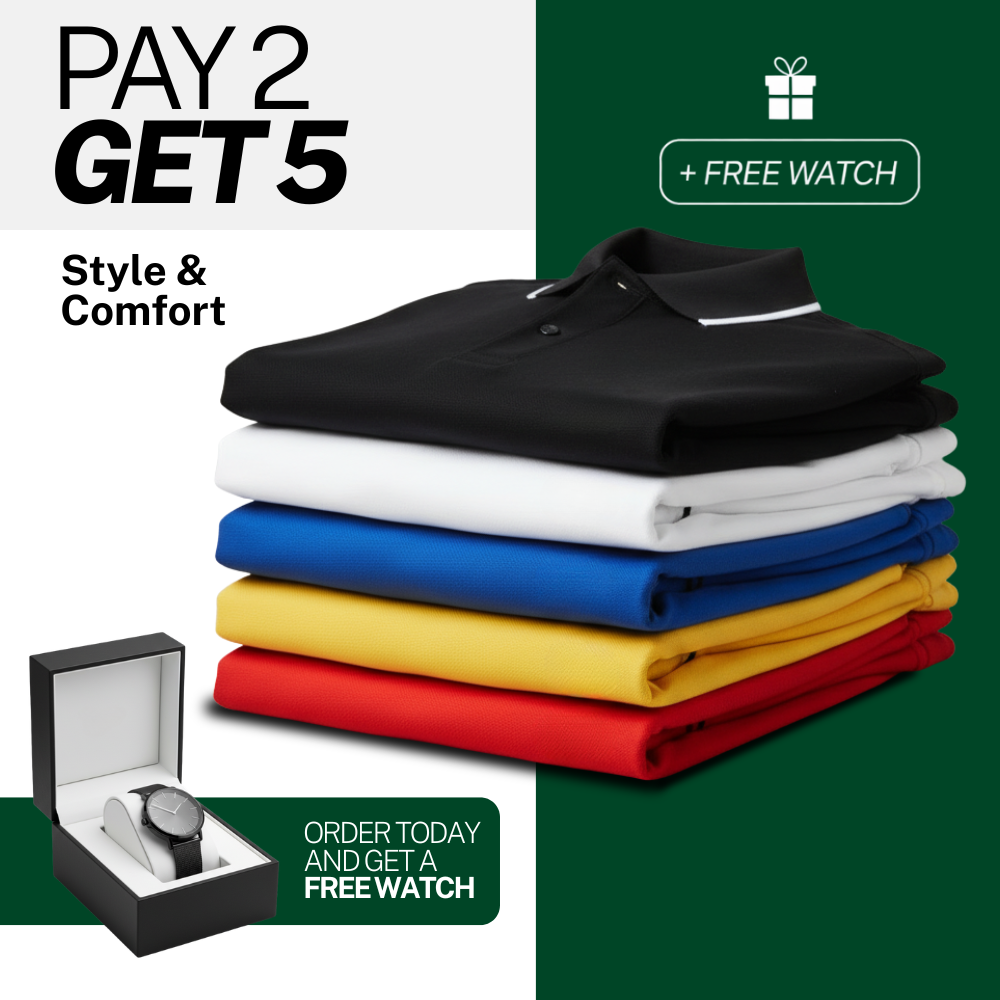 Essential Polo Shirt Bundle: Buy 2, Get 5 + Free Watch!